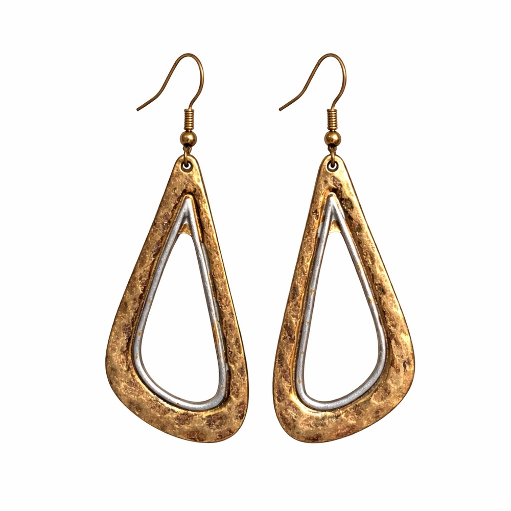 Hammered Two-Tone Teardrop Dangle Earrings | Boho Artisan 🖤